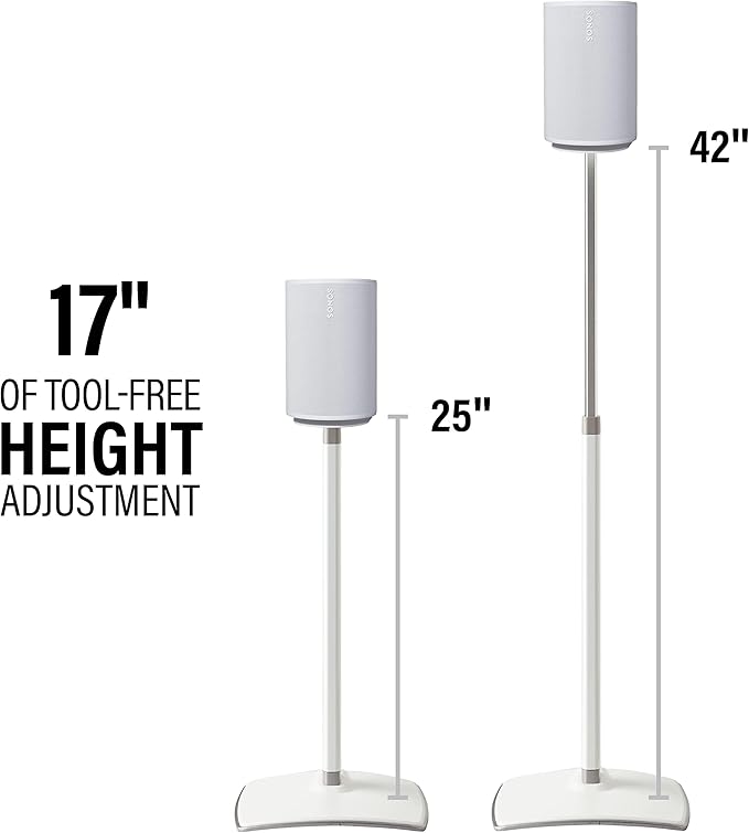 Sanus Speaker Stand for Sonos Era 100 Speakers - Height Adjustable Single Stand w/Easy 3 Step Install - Includes Rubber Feet & Carpet Spikes - White