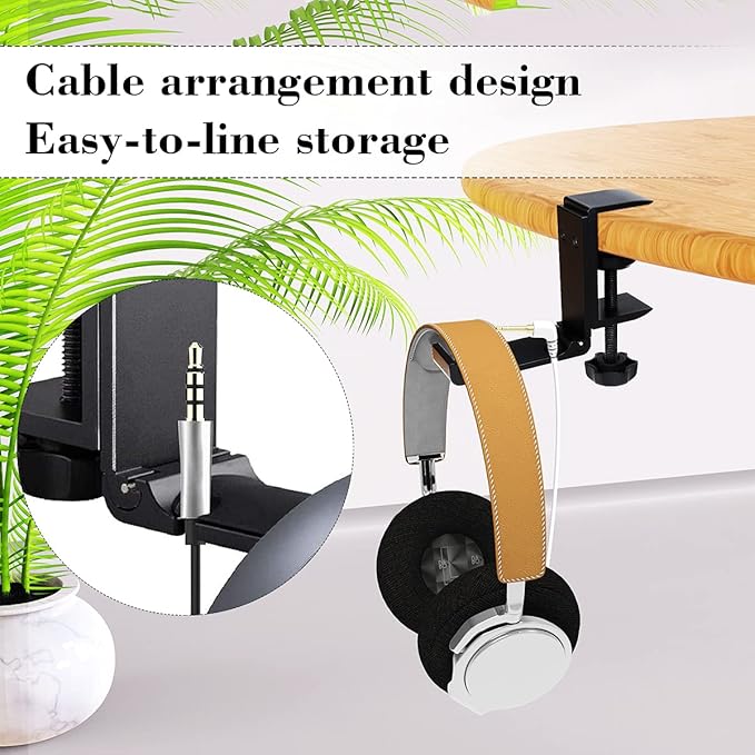 NCHONHONG Headphone Holder Under Desk Hook with Cable Organizer, Foldable Aluminum Headset Mount, Space-Saving Hanger for Most Headphones