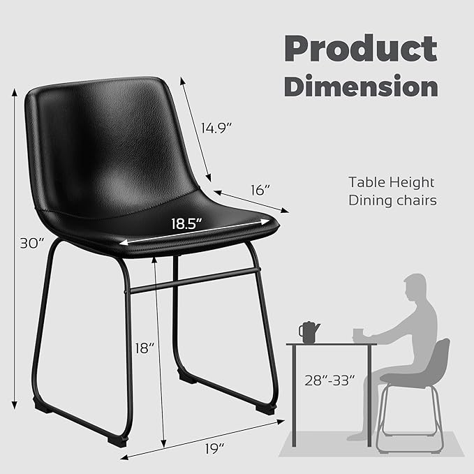 Dining Chairs Set of 4, 18 Inch Faux Leather Kitchen Dining Chairs with Back, Modern Armless Dining Room Chair with Metal Legs for Home Bistro Coffee Shops (Black)