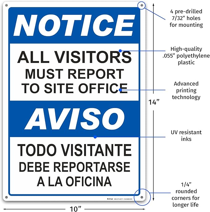 Brimar - 10" x 14" - Bilingual All Visitors Report Site Office Sign - .055″ Polyethylene Plastic - Bold Text And Symbol - Easy Installation
