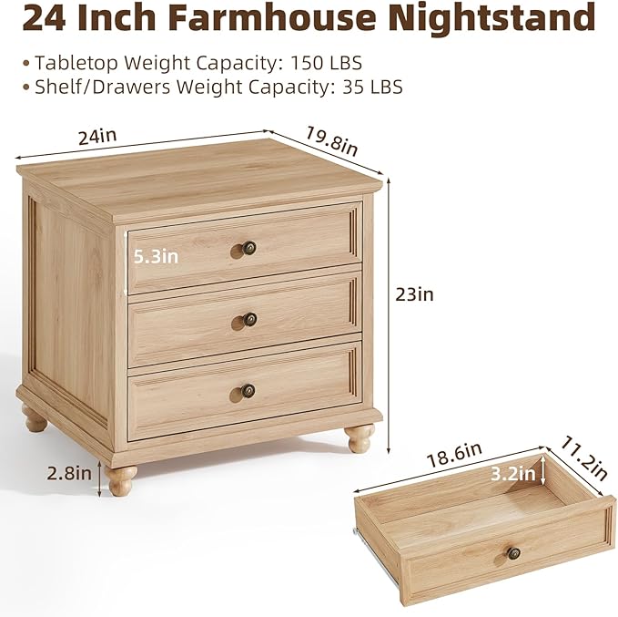 24" Wide Farmhouse Night Stand,Large End Table with 3 Drawers & Metal Handle,Natural Dresser for Bedroom, Bed Side Table Chest of Drawers Cabinet,Wood Nightstand for Living Room,Closet