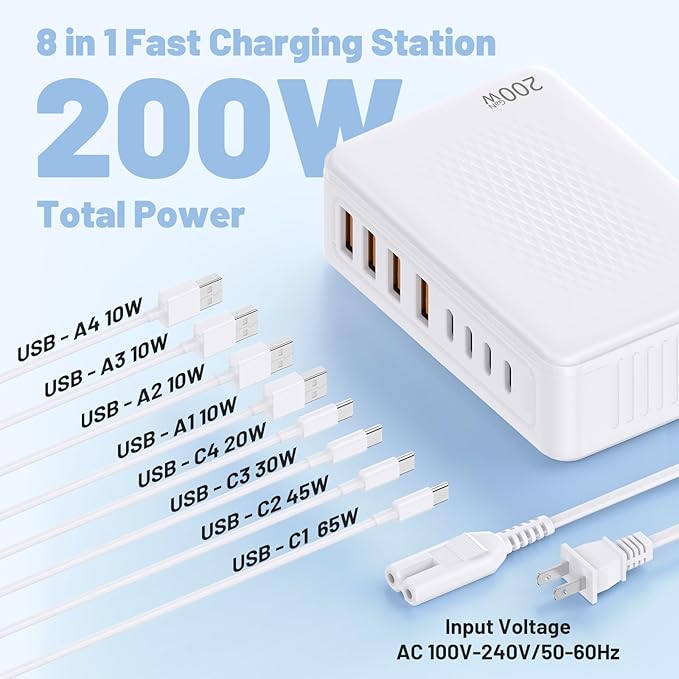 200W USB C Charging Station,8-Port GaN USB C Charger Block,PD 65W Desktop Charger, Power Strip Adapter Compatible with iPhone 17/16/15/14,MacBook Air/Pro,DELL, iPad Pro,Galaxy and More,White