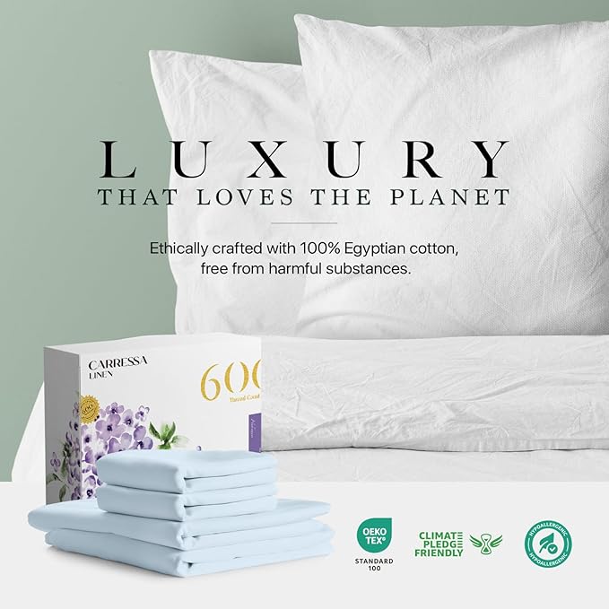 Carressa Linen 100% Egyptian Cotton Full Size Sheets - 600 Thread Count Full Size Egyptian Cotton Sheets (4 PC, Sky Blue), Soft, Cooling, 16" Deep Pocket Sateen Weave Luxury Hotel Bed Sheet Set