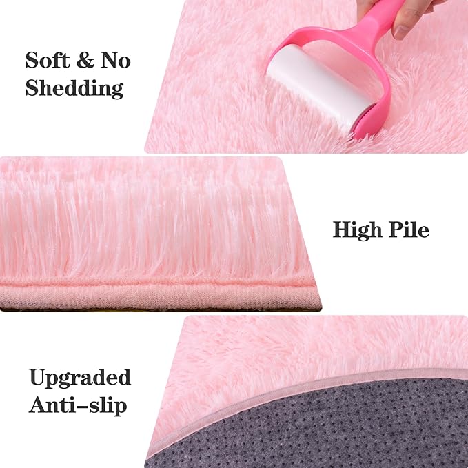 Round Fluffy Pink Rug for Bedroom, 4Ft Fuzzy Shag Circle Area Rug for Girls Kids Room Nursery, Soft Non Slip Plush Carpet for Dorm Living Room Home Decor