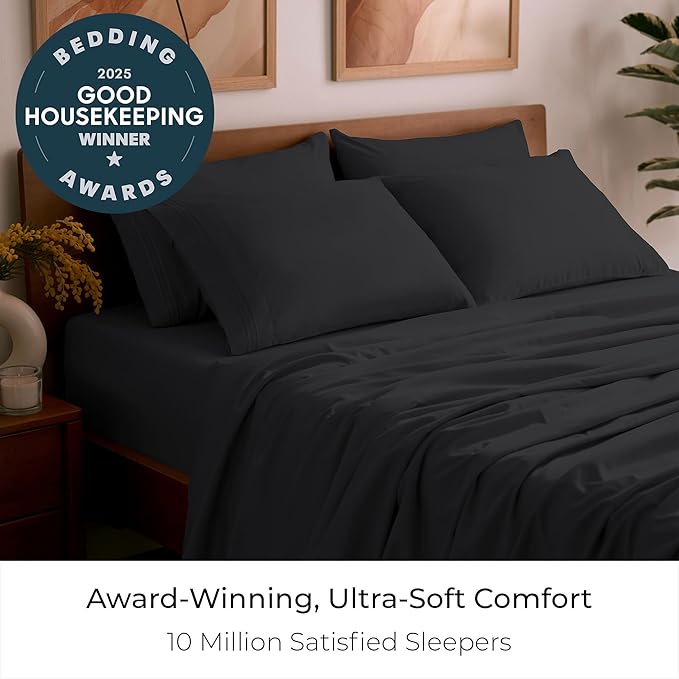 Mellanni King Sheet Set - 6-Piece Iconic Collection Bedding, (Including 4 Pillowcases), 21-Inch Extra Deep Pocket, Easy Care, Ultra Soft, Cooling Sheets, Brushed Microfiber - Black