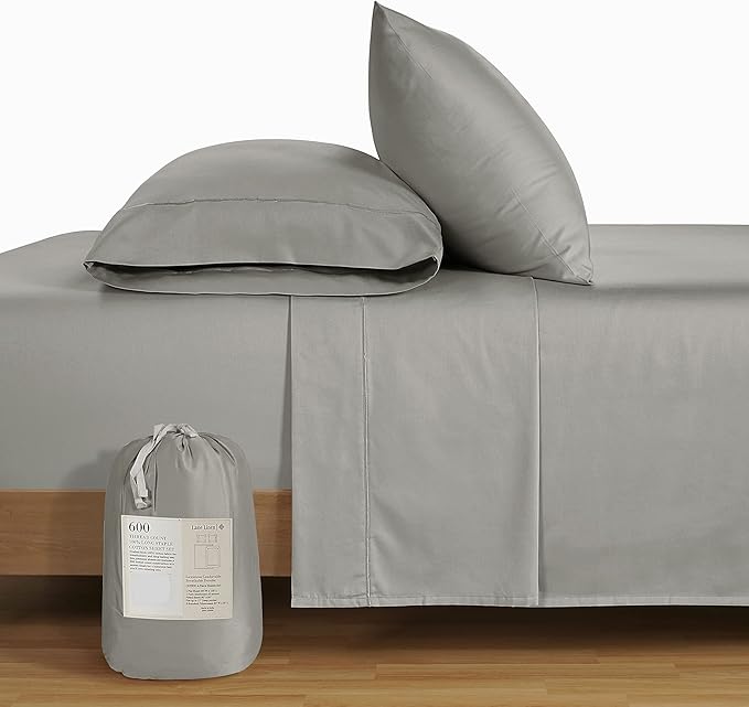 LANE LINEN 600 Thread Count Twin XL Bed Sheets Set - 100% Mercerized Cotton Twin XL Sheets, Soft & Comfy Sateen Weave for Silky Touch, Machine wash Luxury Hotel Style Thick Twin XL Sheet - Silver