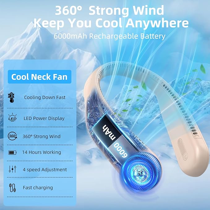 Portable Neck Fan,Hands Free Personal Wearable Bladeless Fan,6000mAh USB Rechargeable,360° Cooling,LED Display,4-Speeds,Birthday Gifts for Men Women Dad Mom,Valentines Day Gifts for Her Him (Brown)