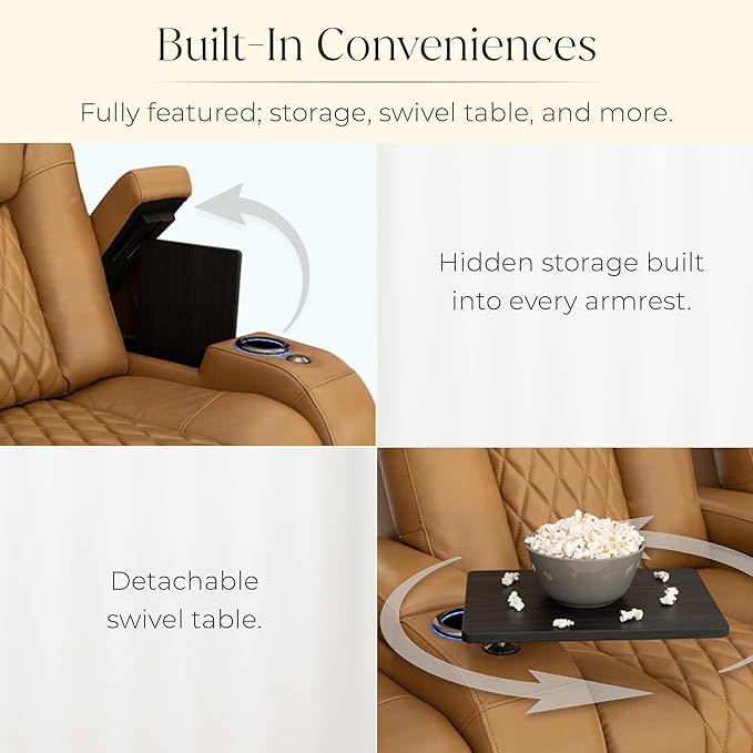 Seatcraft Diamante Zero-Gravity CoolZero Italian Leather Home Theater Seating, Power Headrest, Power Recline, Row of 3 Right Loveseat, Tan Oak