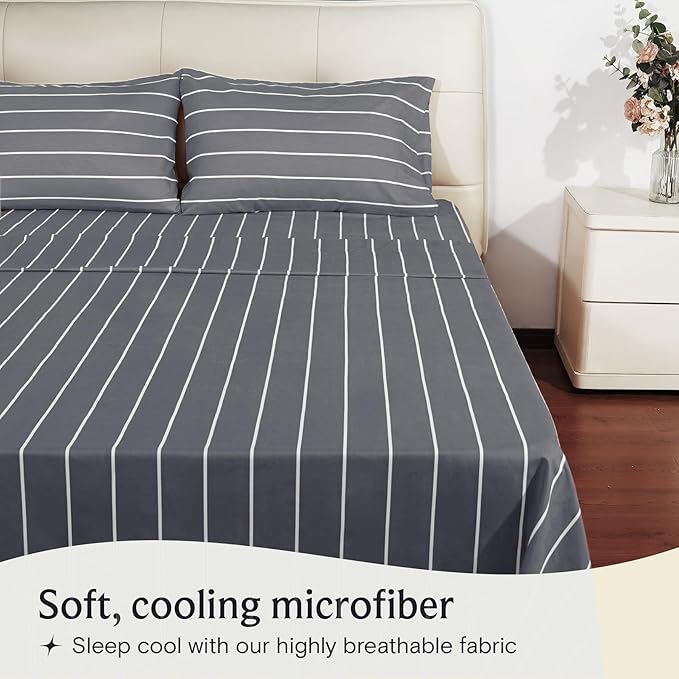 LuxClub 4 PC California King Sheet Set, Deep Pockets Wrinkle Free Cooling Bed Sheets Hotel Bedding for Women, Men, Includes 1 Fitted Sheet, 1 Flat Sheet and 2 Pillowcases-Striped -Light Grey