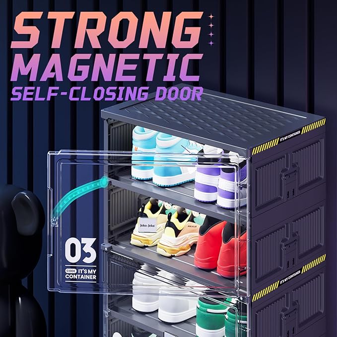 JEKO&JEKO 10-Tier Double-Column Foldable Shoe Storage Cabinet with Magnetic Doors, Large Collapsible Shoe Rack Organizer for Entryway, Fits Up to 40 Pairs, Black