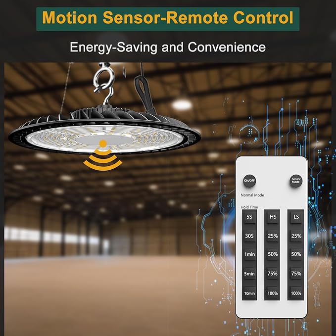 ACOHOOK Smart 200W HIgh Bay LED Lights with Smart Controller Supports Normal Mode & Motion Sensor Mode(Energy Saving) ETL Listed UFO Lights for 25-35FT Warehouse-4Pack