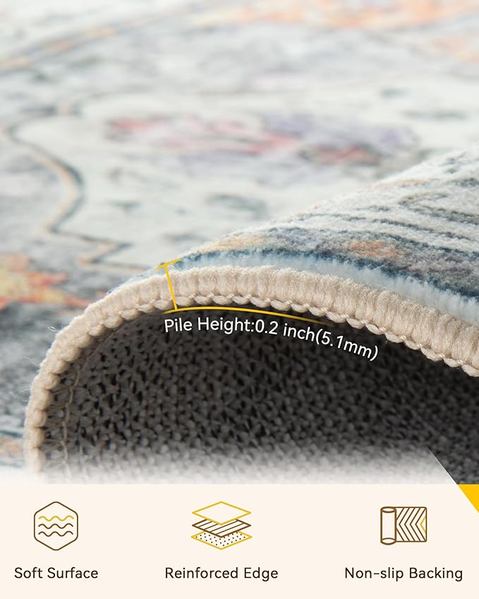 Area Rugs 8ft Washable Non-Slip, Floral Vintage Distress Print Pattern Medallion Carpet for Living Room Bedroom Dining Room, Light Yellow Carbon Grey Orange