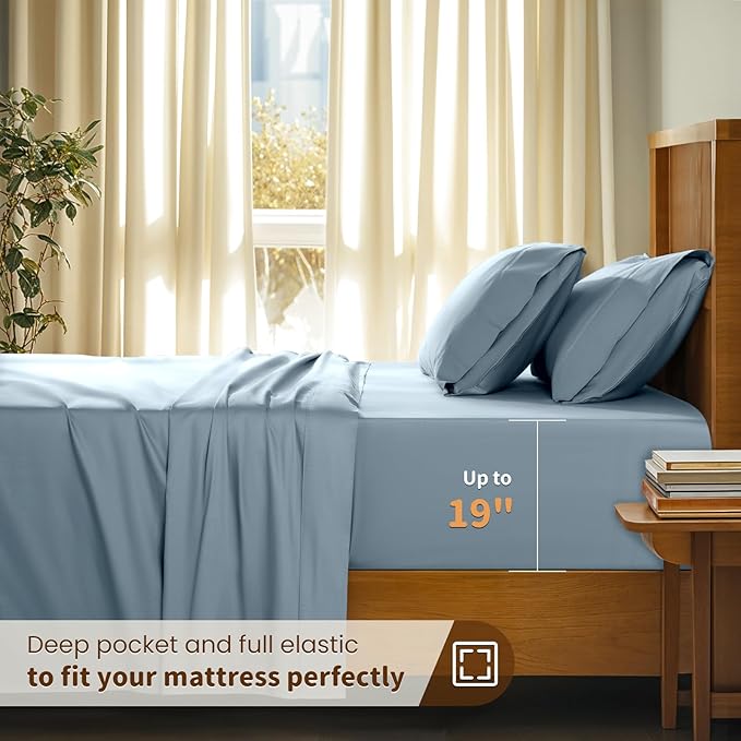 LBRO2M 100% Cotton Sheets Set Deep Pocket 19", 1000 Thread Count California King Size 4 Piece Bed Sheet Sets Soft Comfortable Bedding All Season (California King, French Blue)