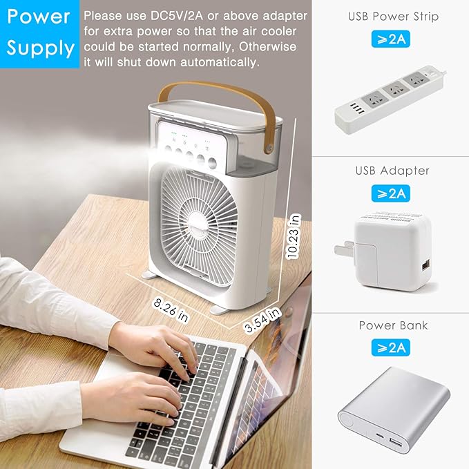 NTMY Portable Air Conditioner Fan, Mini Evaporative Air Cooler with 7 Colors LED Light, 1/2/3 H Timer, 3 Wind Speeds and 3 Spray Modes for Your Desk, Nightstand, or Coffee Table