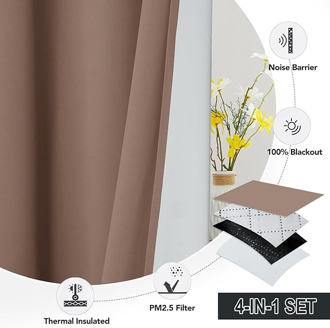 RYB HOME Soundproof & Dust Particle Filtering Curtains Blackout Window Treatment for Bedroom Living Room Divider Nursery Daytime Sleeping Patio Door, Mocha, W52 x L 108 inch, 2 Panels