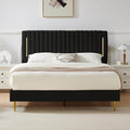 Full Platform Bed Frame, Velvet Upholstered Bedframe with Vertical Channel Adjustable Headboard, Golden Plating Trim, Mattress Foundation with Wooden Slats, No Box Spring Needed, Black