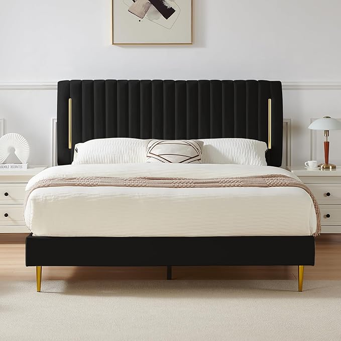 King Platform Bed Frame, Velvet Upholstered Bedframe with Vertical Channel Adjustable Headboard, Golden Plating Trim, Mattress Foundation with Wooden Slats, No Box Spring Needed, Black