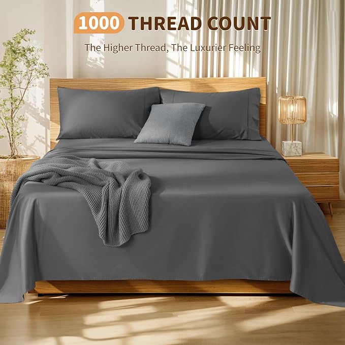 LBRO2M 100% Cotton Sheets Set Deep Pocket 19", 1000 Thread Count Full Size 4 Piece Bed Sheet Sets Soft Comfortable Bedding All Season (Full, Dark Grey)