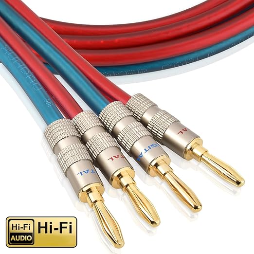 AutCreation Speaker Cable Wire with Banana Plugs,14 AWG HiFi Pure Copper Speaker Wire,99.9% OFC Stranded Copper Wire,Gold Plated Banana Tip Plugs,Red/Blue (1.5M(4.9ft))