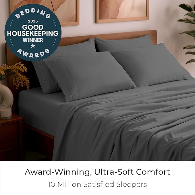 Mellanni Full Sheet Set - 6-Piece Iconic Collection Bedding, (Including 4 Pillowcases), 21-Inch Extra Deep Pocket, Easy Care, Ultra Soft, Cooling Sheets, Brushed Microfiber - Gray