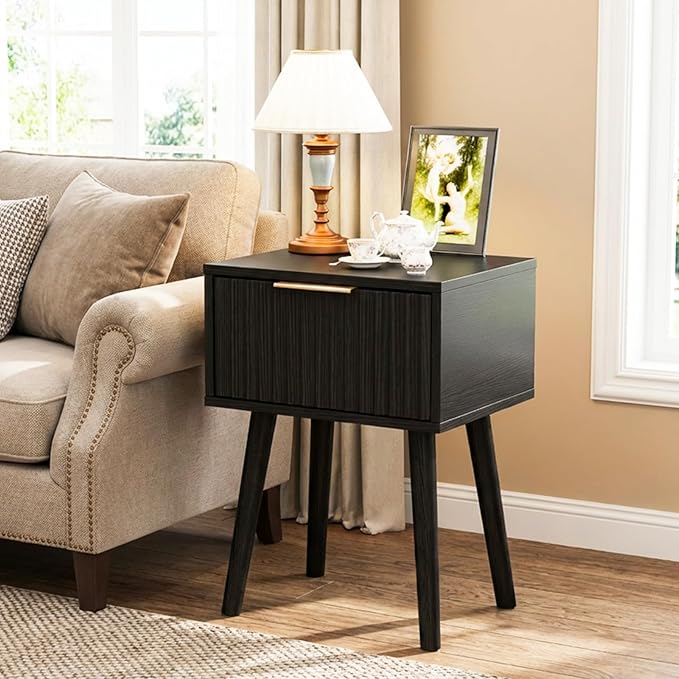 VINGLI Night Stand Set 2, Fluted Nightstands with Drawer, Mid Century Modern Nightstands Set of 2, Bedside Table, End Table, Wood Nightstand for Bedroom, Black, 15.75" W*11.81" D*21.85" H