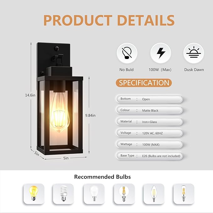 Kainozoic Motion Sensor Dawn to Dusk Outdoor Sensor Light Fixture Anti-Rust Exterior Wall Lighting Waterproof Outdoor Wall Lantern for Porch Patio Front Door Garage