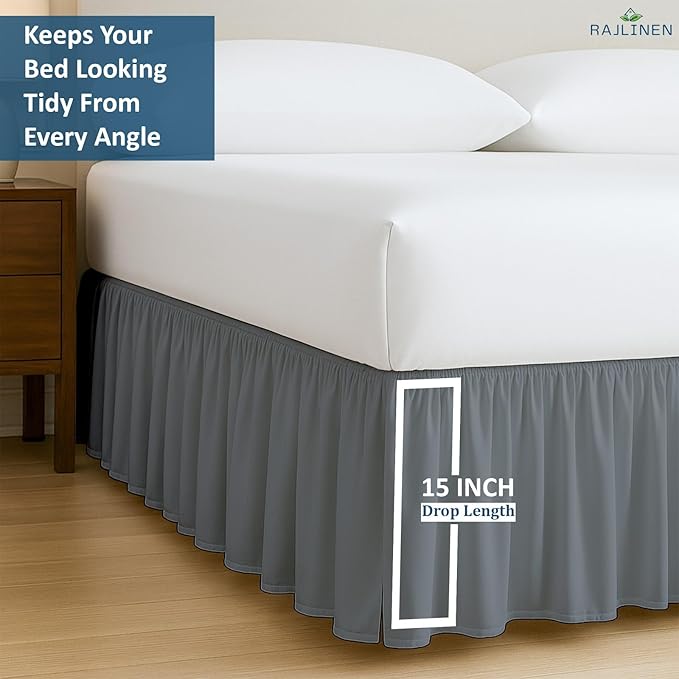 Rajlinen Ruffled Bed Skirt King, 15 Inch Drop Dust Ruffle with Split Corners, 100% Microfiber Bedskirt with Platform, Three-Sided Coverage Ruffled Gathering Design, Dark Grey