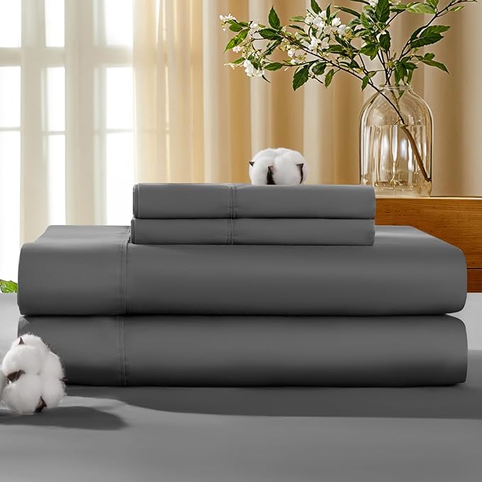 LBRO2M 100% Cotton Sheets Set Deep Pocket 19", 1000 Thread Count California King Size 4 Piece Bed Sheet Sets Soft Comfortable Bedding All Season (California King, Dark Grey)