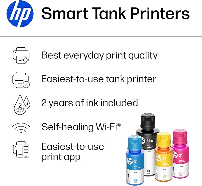 HP Smart Tank 5000 Wireless All-in-One Ink Tank Printer, Scanner, Copier with 2 Years of Ink Included, Best-for-Home, Cartridge-Free, Refillable, AI-Enabled (5D1B6A)