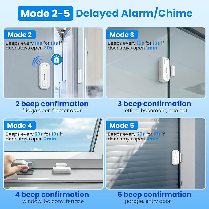 Sanjie Door Alarm with Instant and Delayed Alerts 30s/1min/2min/4min, Door Window Ajar Alarms for Kids Safety/Home Security, Volume 0-120dB, Left Open Alert for Freezer Fridge Home, 2 Sensor