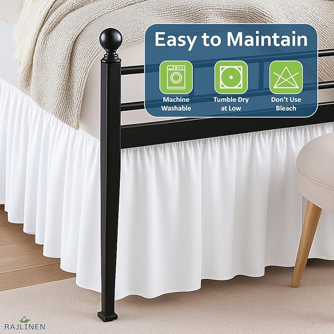 Rajlinen Ruffled Bed Skirt California King, 24 Inch Drop Dust Ruffle with Split Corners, 100% Microfiber Bedskirt with Platform, Three-Sided Coverage Ruffled Gathering Design, White