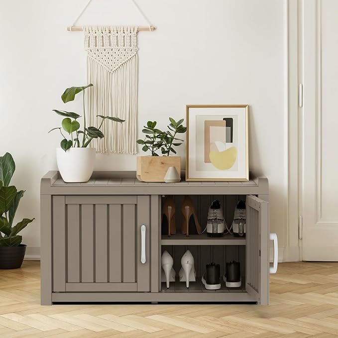 ROJIK Shoe Cabinet Waterproof UV-Resistant,Storage Bench Indoor Outdoor with Adjustable Shelves,for Entryway Bedroom,Hallway,Living Room(Double Door,Grey)