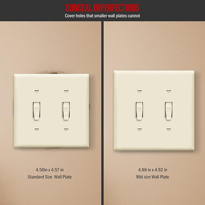 ENERLITES Toggle Light Switch Wall Plate, Gloss Finish, Midway Size 2-Gang 4.88" x 4.92", Unbreakable Polycarbonate Thermoplastic, UL Listed, 8812M-LA, Light Almond