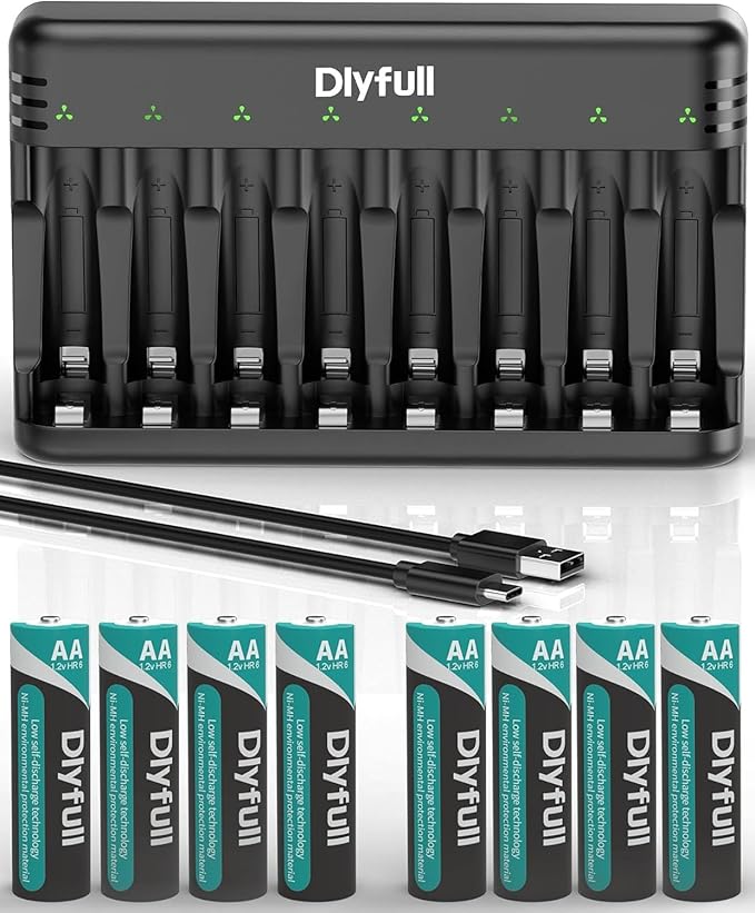 Rechargeable AA Batteries with Charger, Dlyfull 8 Pack of 2800mAh High Capacity Low Self Discharge Ni-MH Double A Batteries with 8 Bay AA AAA Battery Charger (USB-C Fast Charging, Independent Slot)