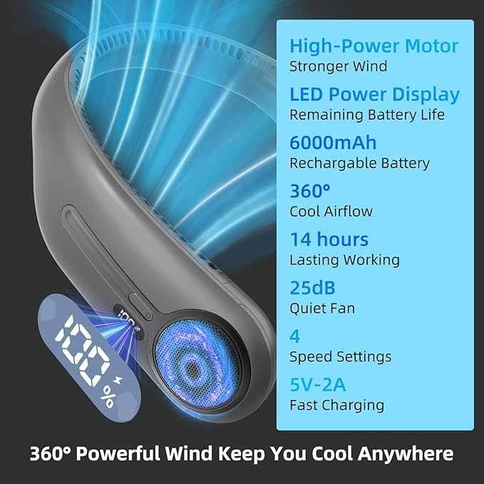 Kinhowly Portable Neck Fan,Hands Free Personal Wearable Bladeless Fan,6000mAh USB Rechargeable,360° Cooling,LED Display,4-Speeds,Birthday Gifts for Men Women Dad Mom,Valentines Day Gifts (Dark grey)
