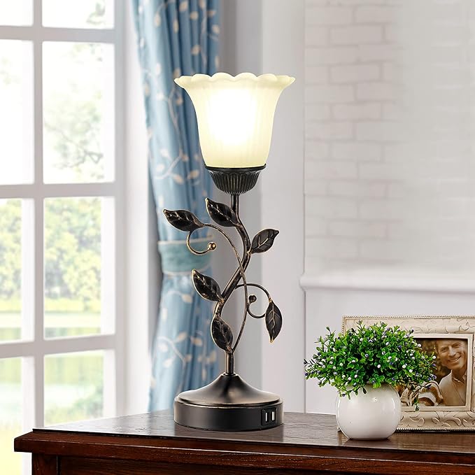 RORIANO Touch Bedside Lamp with 2 USB Charging Ports, 3-Way Dimmable Nightstand Lamps, White Glass Shade Vintage Rural Leaf Lamp for Living Room Tabletop Bedroom Side Table, LED Bulb Included