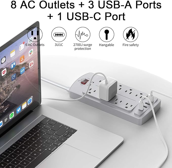 Surge Protector Power Strip - Nuetsa Flat Plug Extension Cord with 8 Outlets and 4 USB Ports, 6 Feet Power Cord (1625W/13A), 2700 Joules, ETL Listed, Grey