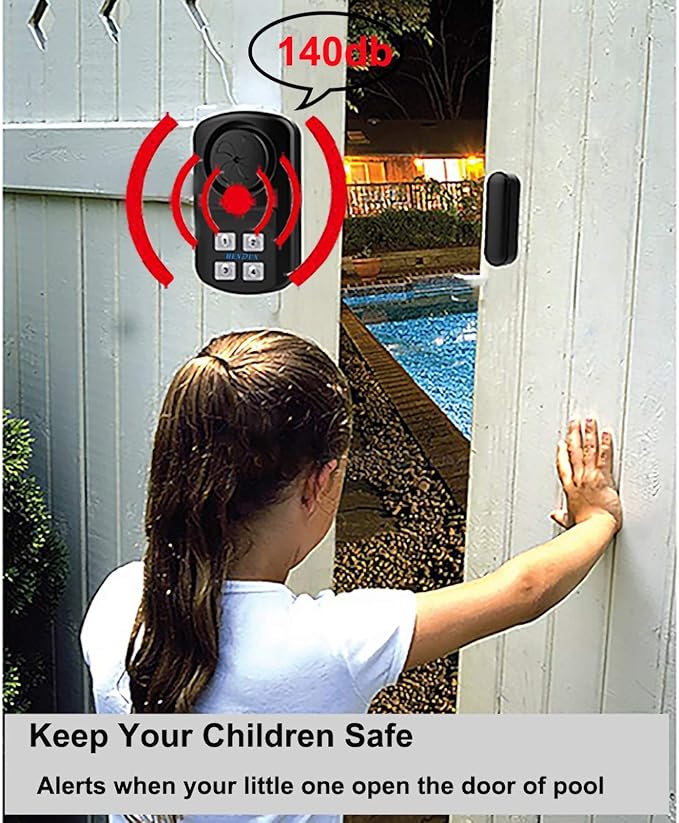 HENDUN Outdoor Door Alarm with Remote Keypad, Waterproof IP67,Inground Pool Safety Alarm,Gate Open Sensor, 140 dB Super Loud, Prying Door Entrance Alert (1 Pack)