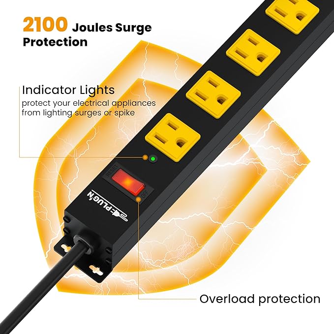 12 Outlet Long Power Strip, 3FT Power Cord, 2100 Joules Surge Protector, Wide Spaced Outlet Power Bar, Overload Protection Switch, Industrial Heavy Duty for Work Bench, Shop, Garage, 2 Pack