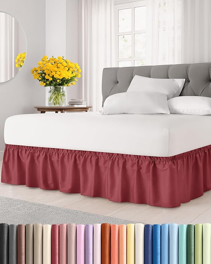 Wrap Around Dust Ruffle Bed Skirt - Burgundy - Twin/Twin XL Size Beds with 18 Inch Drop - Easy Fit Elastic Strap - Adjustable Pleated Bedskirt w/Brushed Fabric Wrinkle Free - Women, Men, Kids & Teens