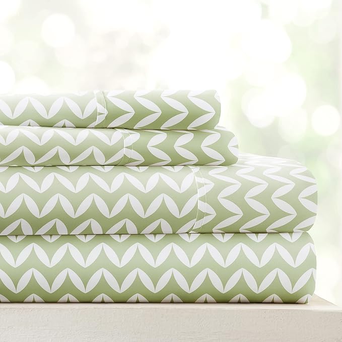Linen Market Double-Brushed Patterned Microfiber Full Sheet Set 4 Piece – Oeko-TEX Certified Ultra Soft & Wrinkle-Free - 16" Deep Pocket Sheets - Easy Care Full Size - Puffed Chevron Sage