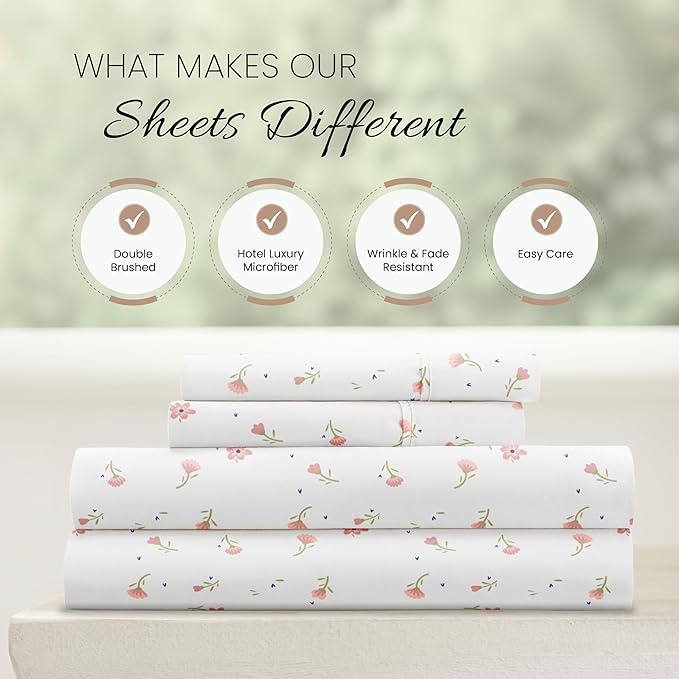 Linen Market Double-Brushed Patterned Microfiber Full Sheet Set 4 Piece – Oeko-TEX Certified Ultra Soft & Wrinkle-Free - 16" Deep Pocket Sheets - Easy Care Full Size - Soft Floral Pink