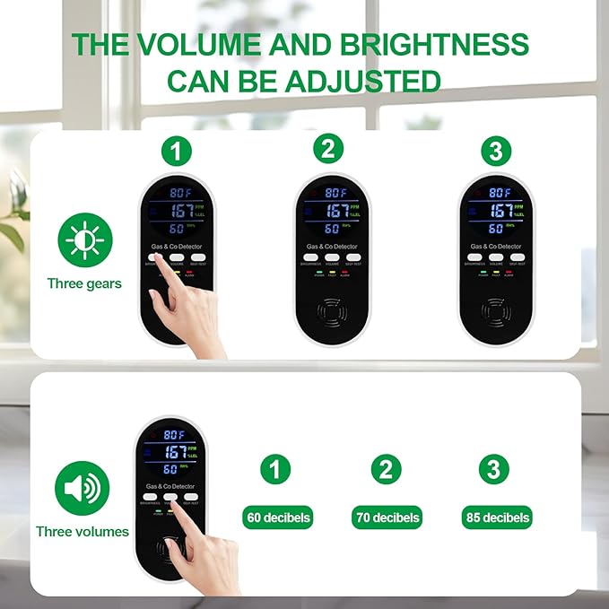 5-in-1 Combination Gas & Carbon Monoxide Detector with Battery Backup,Plug in Natural Gas Detector & CO Alarm with Temperature(°F) & Humidity Sonsor,Propane & CO Detector for Home,RV,Apartment