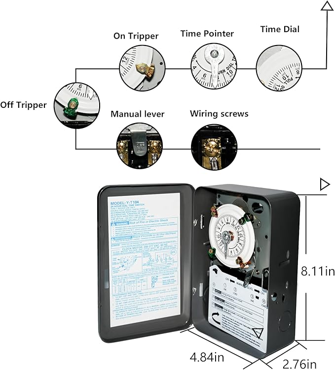T104 Electromechanical Timer Switch,40A Load Capacity,1-12 Cycles Per Day - Manual Override,Versatile Scheduling