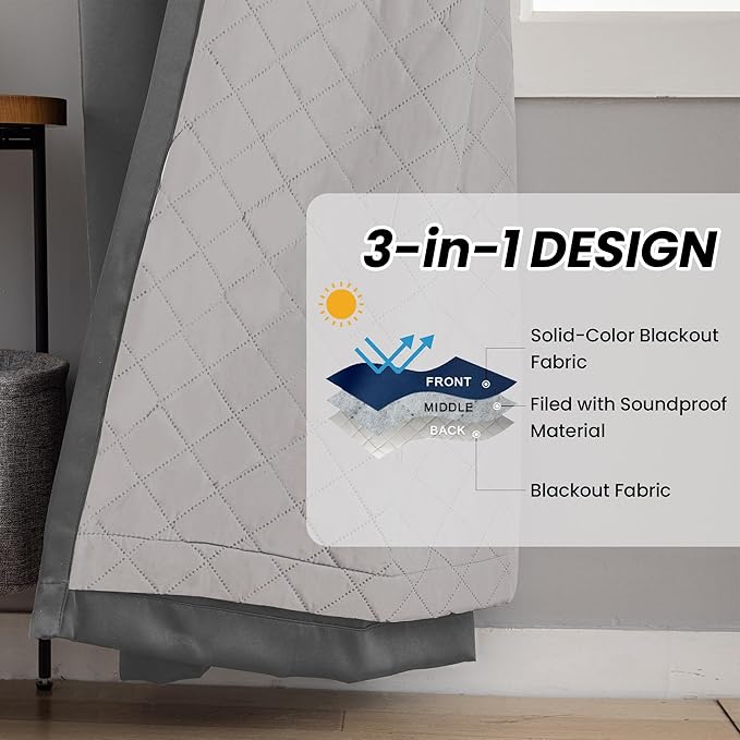 3-in-1 Layers Soundproof Curtains,Grommet Full Blackout Thermal Curtains for Living Room, Bedroom(1 Panel,Grey,50" x 63")
