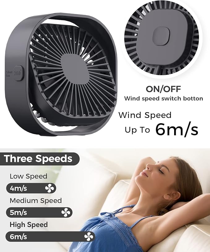 RJVW 4 Inch Small USB Desk Fan, 3-Speed Portable & 360°Rotatable Mini Cooling Fan, USB-Powered Desktop Fan for Home Office Bedroom Dorm Indoor Outdoor Summer Gift