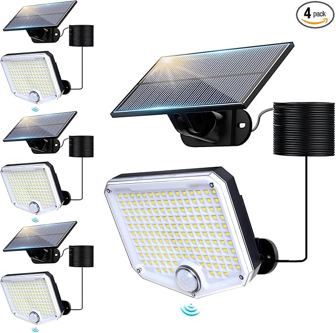 JumJam 153 LED Solar Wall Lights, 180° Beam Angle Security Lights Outdoor with Remote, Motion Sensor Lights with 3 Modes, Waterproof Flood Lights for Porch, Patio,Yard,Garage, 4 Pack