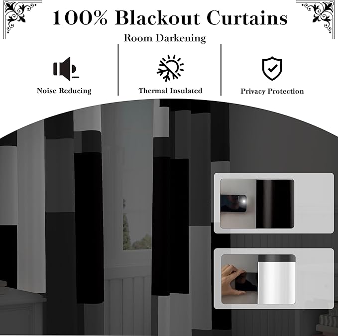Black Grey 100% Blackout Curtains for Bedroom 72 inch Length 2 Panels Set White Grey Modern Abstract Geometric Black Out Curtains Insulated Room Darkening Window Drapes for Living Room, 42Wx72L