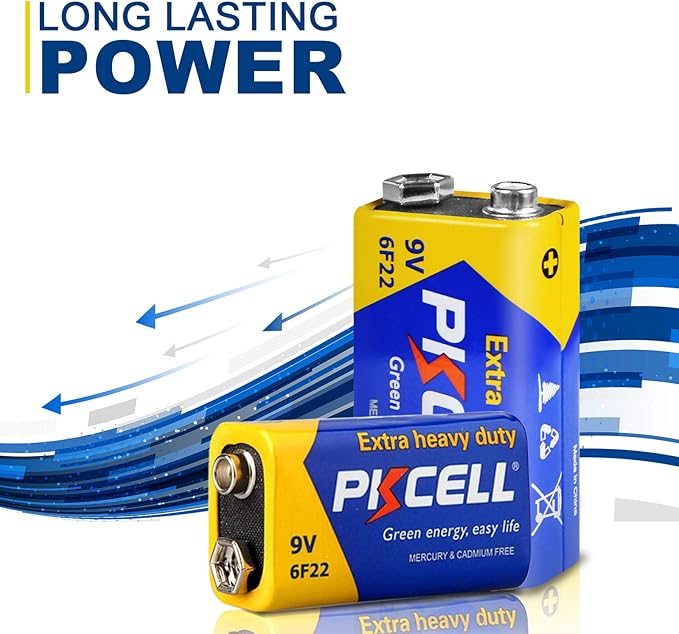 PKCELL 9V Batteries, 10 Pack 9 Volt Batteries Carbon Zinc, 9V Battery for Smoke Detector, Alarms, 6F22 Square Battery