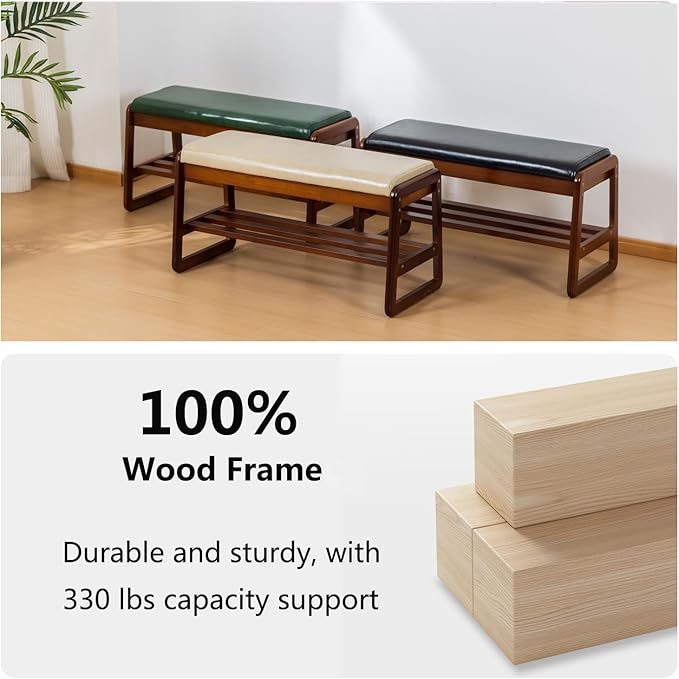 Solid Wood Shoe Bench, 2-Tier Entryway Bench with Cushion and Flip-Open Storage Box, Mid-Century Modern Shoe Bench Rack for Hallway, Mudroom(Green, 31.5'')